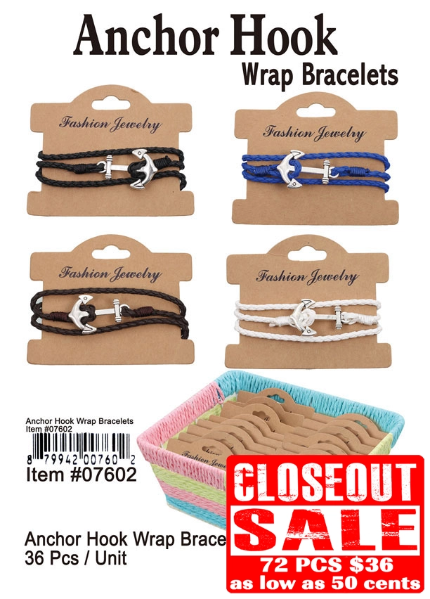 Anchor Hook Wrap Bracelets - Closeout 72 Pcs.